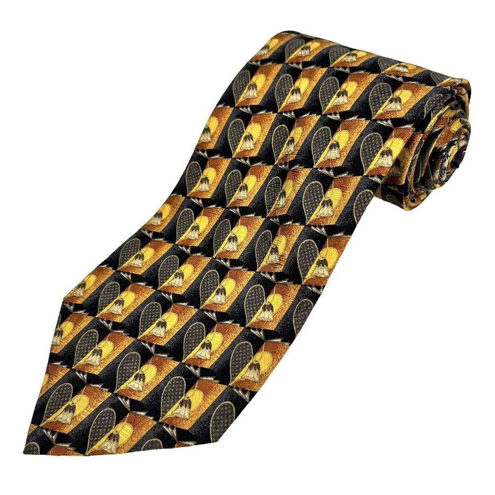 ERMENEGILDO ZEGNA Silk Tie Blue Gold Geometric Heart Pattern Designer Necktie